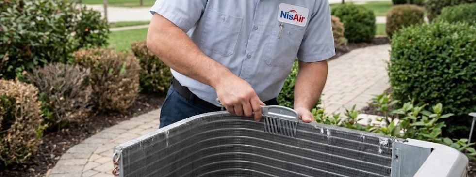 HVAC maintenance technician straightening outdoor condenser unit fins