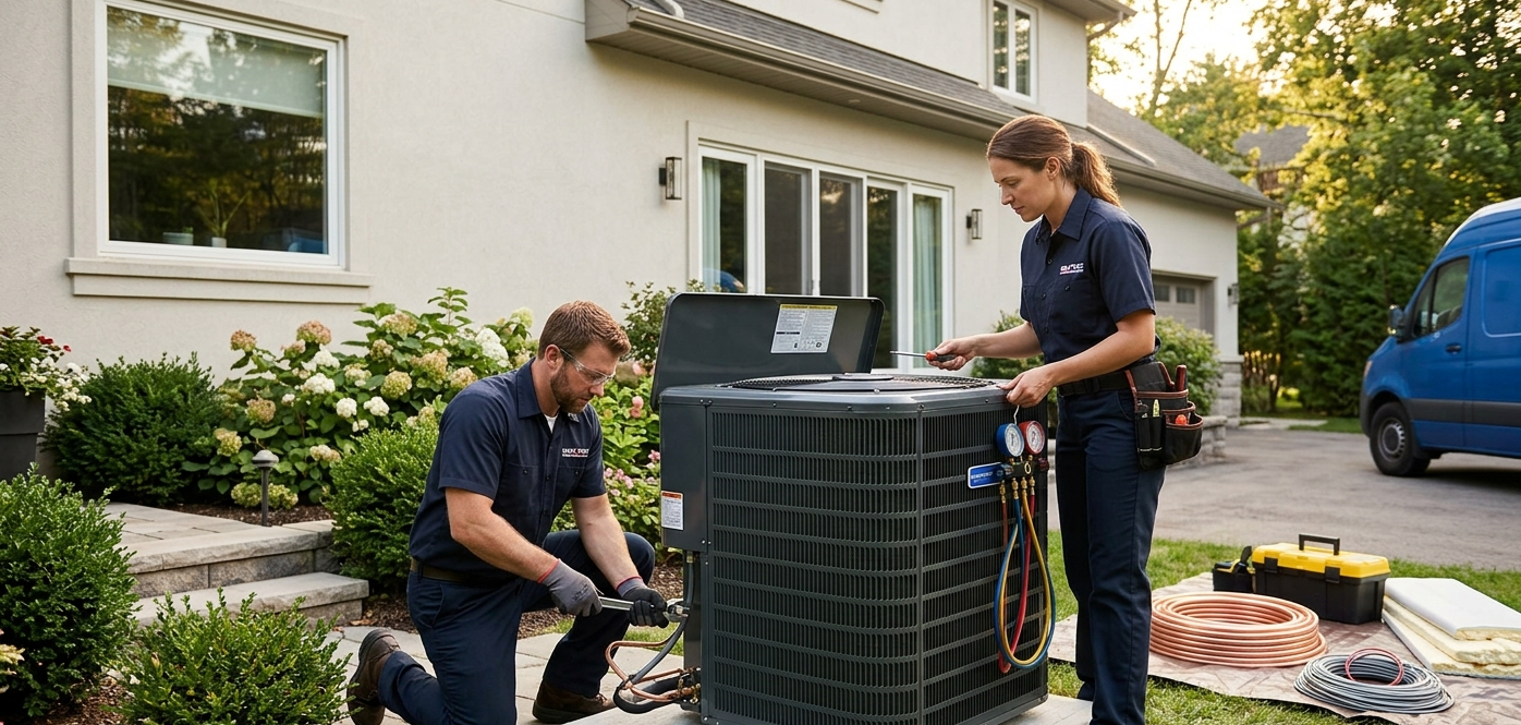 Two professional HVAC technicians installing a new, energy-efficient outdoor air conditioning unit