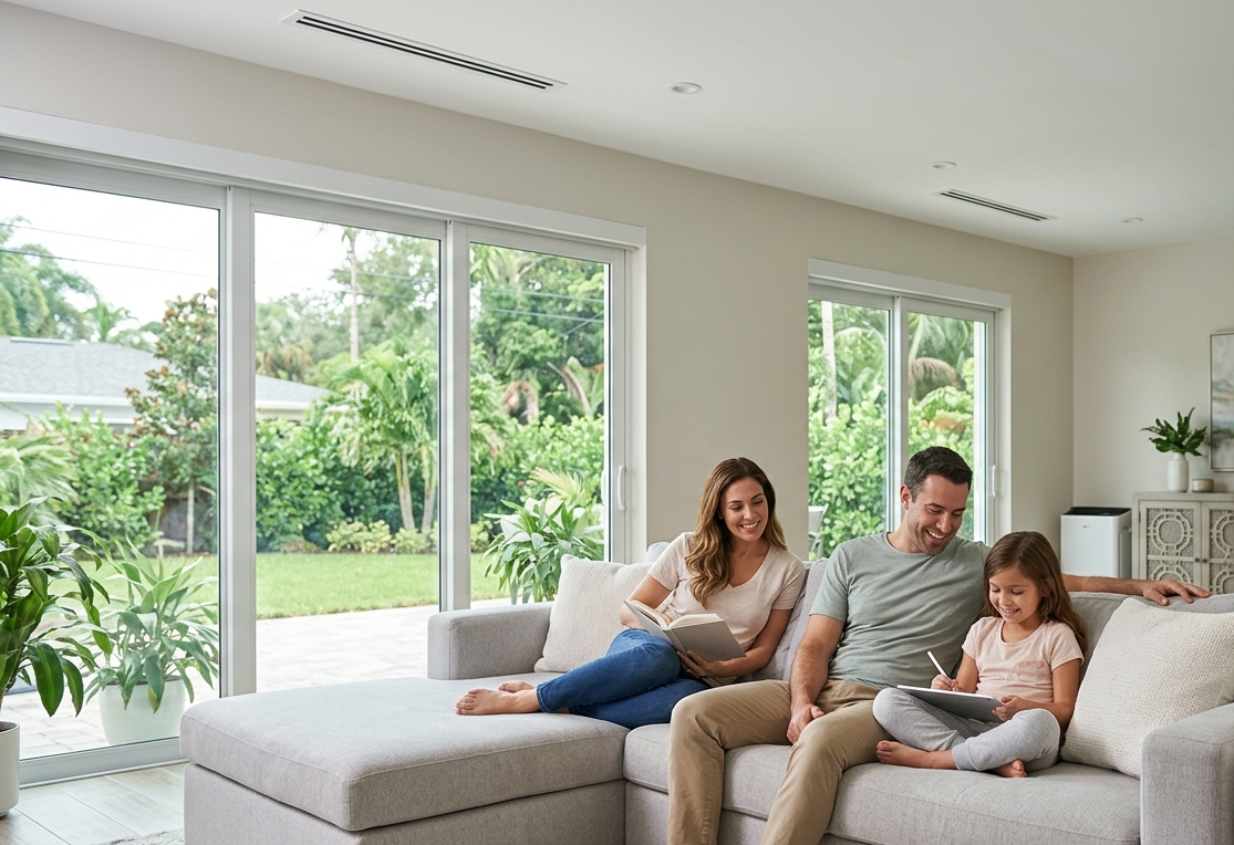 Family enjoying perfect indoor air comfort with a smart thermostat showing professional HVAC service
