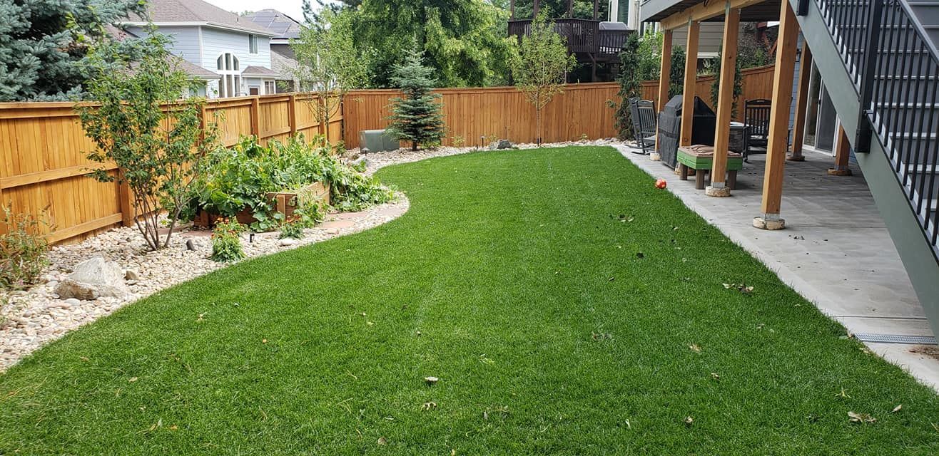 A green backyard with manicured grass, a wooden fence, and a covered patio.