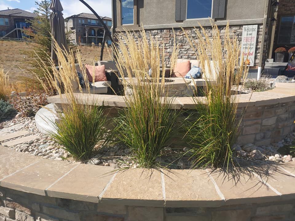 Stone patio with ornamental grasses; seating area with pillows in background.