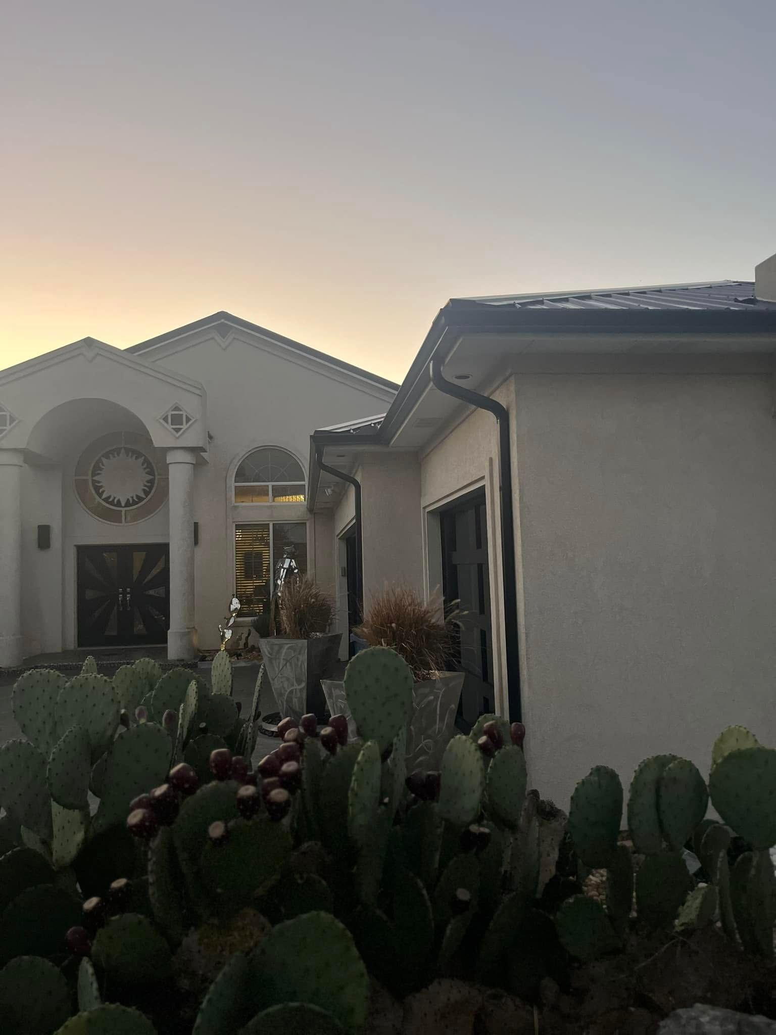 Residential house exterior at dusk with cactus plants in the foreground and a pale sunset sky.