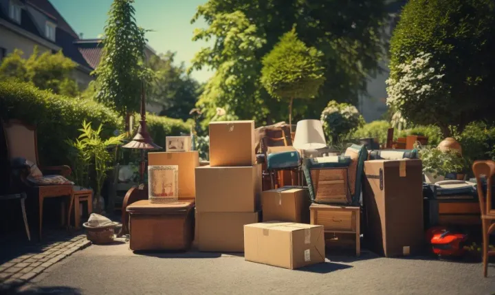 Cardboard boxes and old furniture stacked on a driveway for removal.