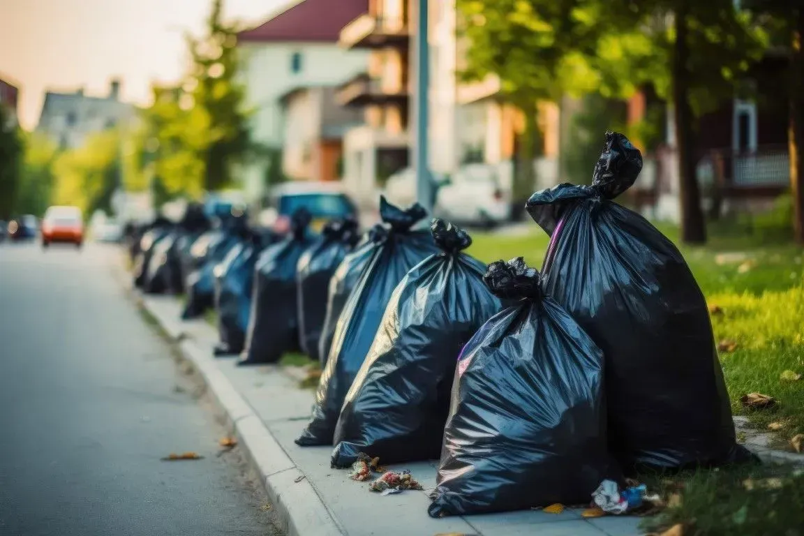Long line of black heavy-duty trash bags sitting at a street curb.