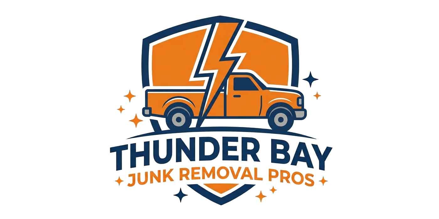 Thunder Bay Junk Removal Pros official logo. Orange and Blue truck.