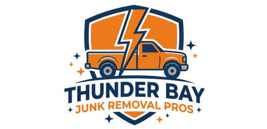 Thunder Bay Junk Removal Pros official logo. Orange and Blue truck. 