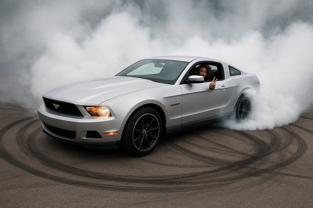 Een zilverkleurige Mustang maakt een burnout, omgeven door bandenrook op een asfaltweg. De bestuurder maakt een vredesteken.