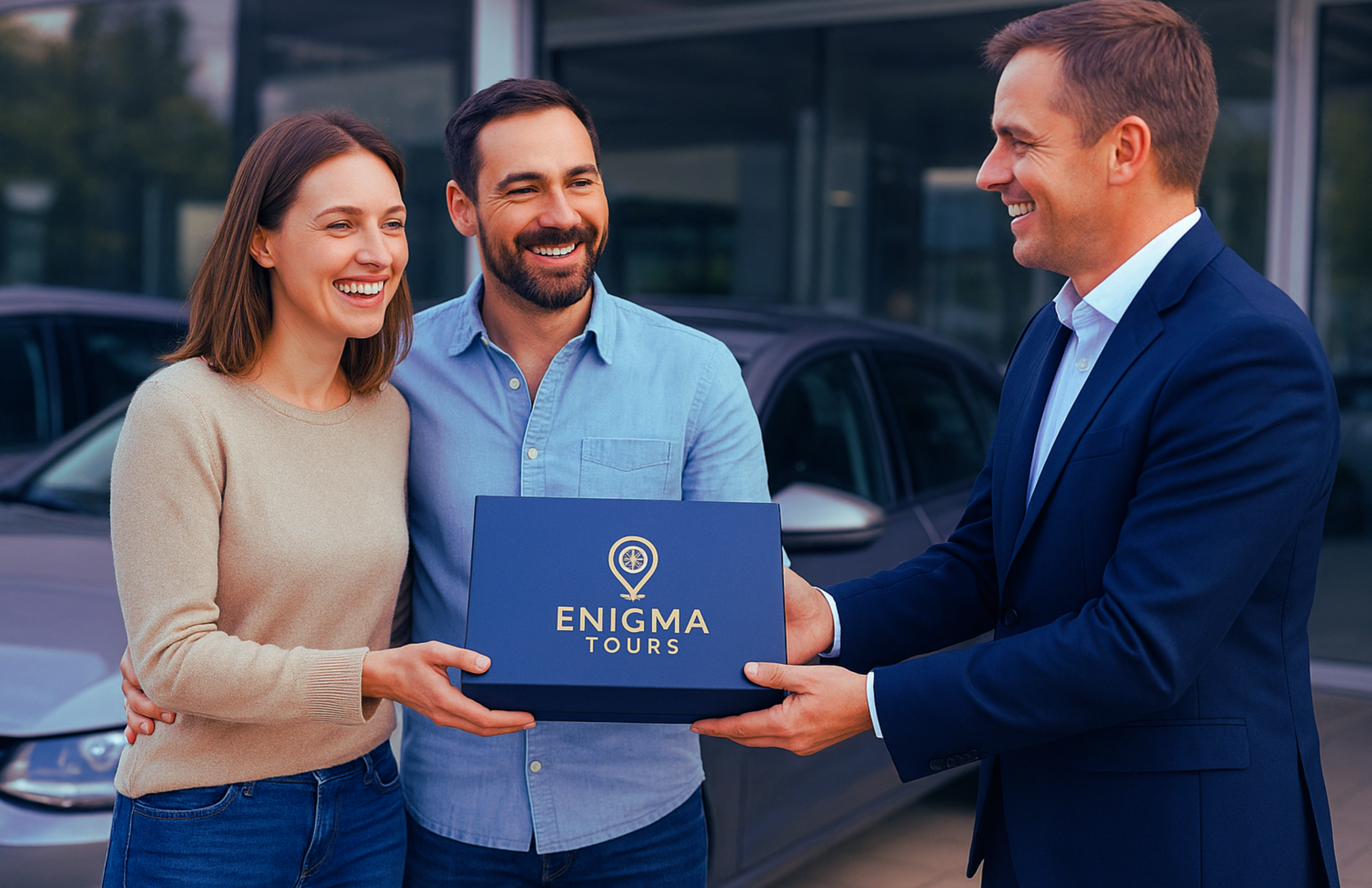 Een lachend stel neemt een blauwe geschenkdoos aan van een man in pak; op de achtergrond is een auto te zien.