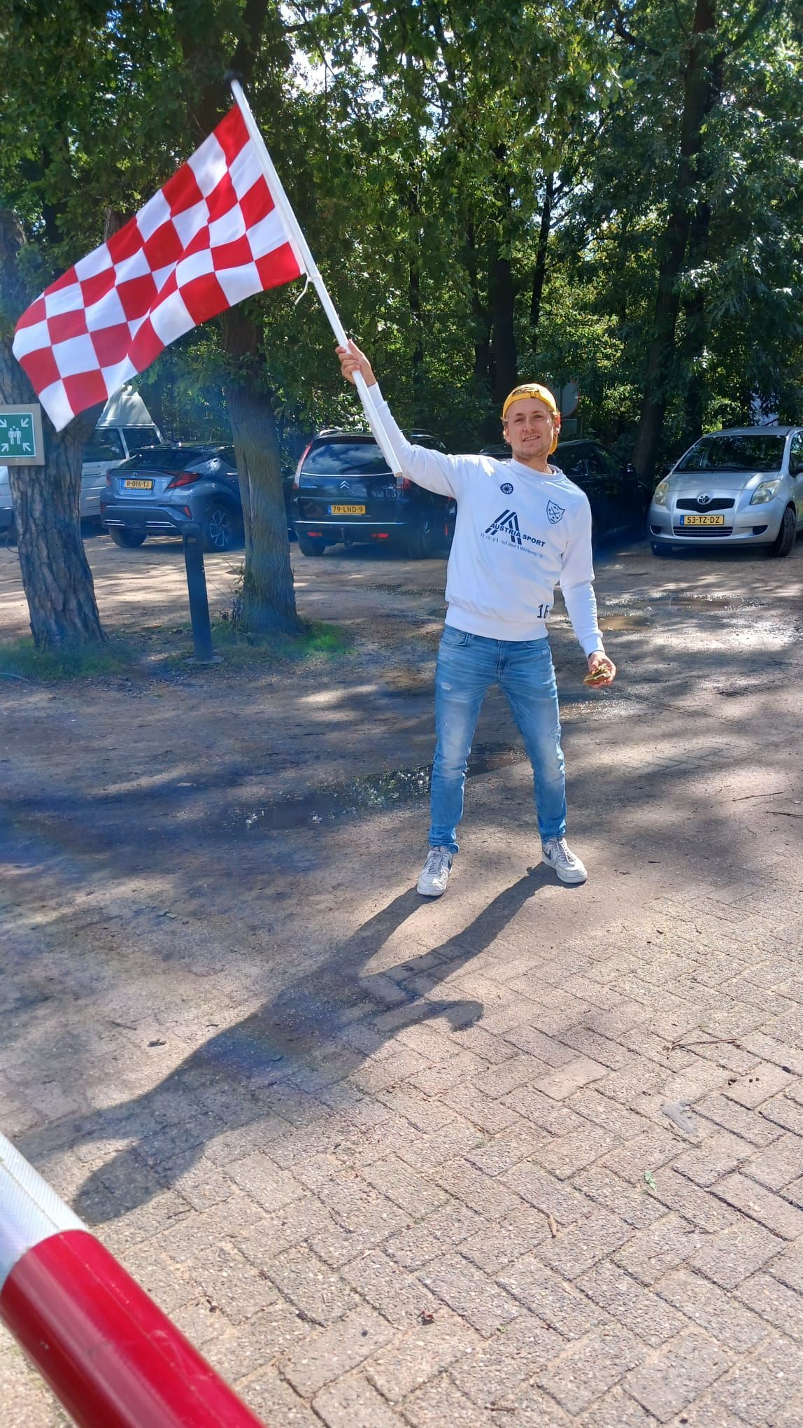 Een persoon zwaait met een rood-wit geblokte vlag op een parkeerplaats met auto's en bomen.