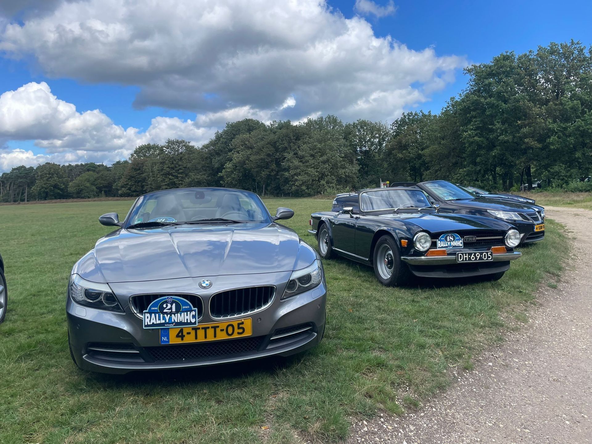 Een grijze BMW cabriolet staat geparkeerd naast een zwarte klassieke auto op een grasveld onder een blauwe hemel.