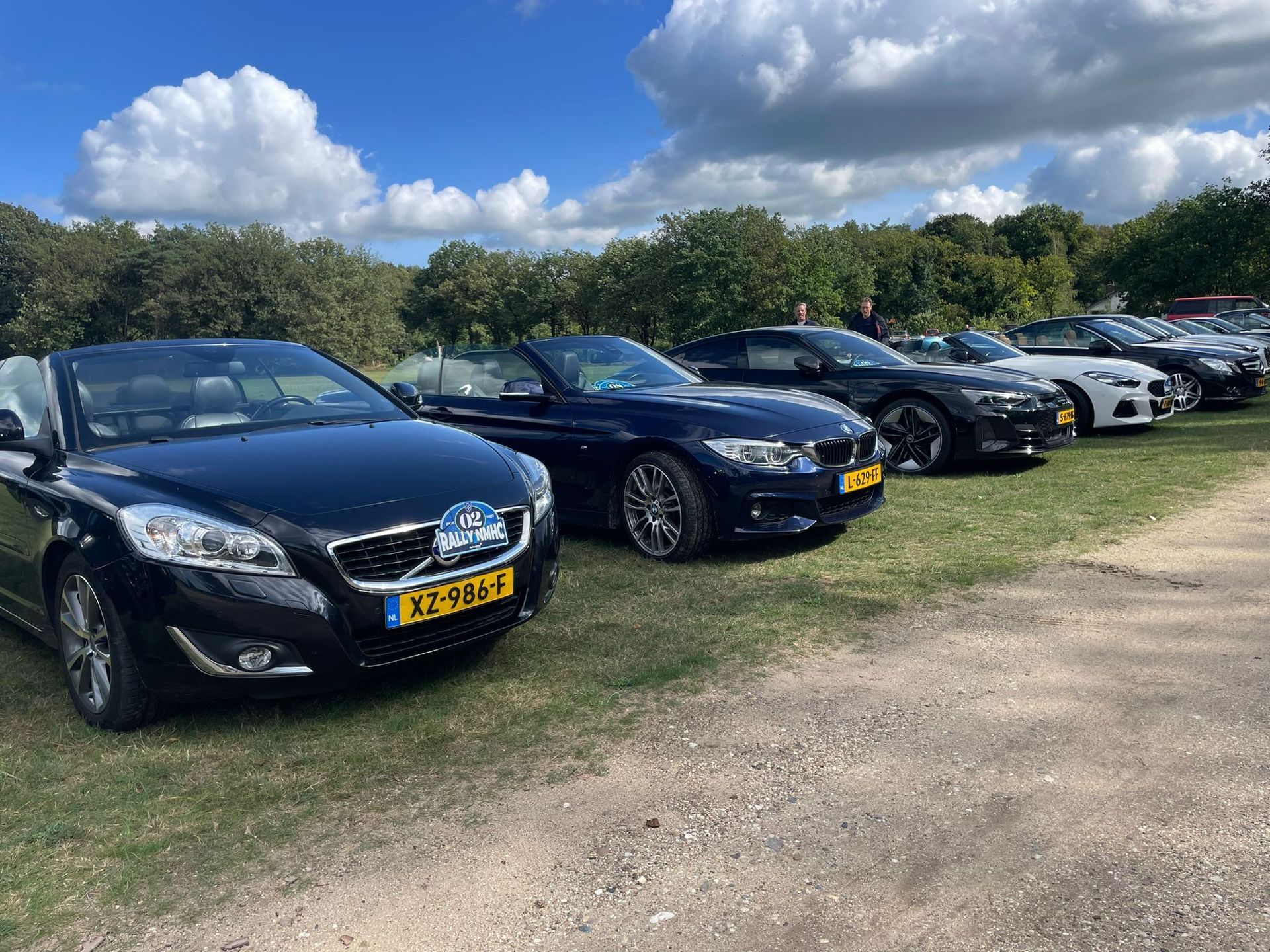 Een rij cabriolets geparkeerd op het gras onder een gedeeltelijk bewolkte hemel.
