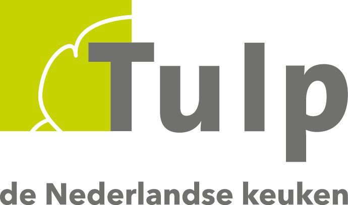 Logo voor Tulp, een keukenmerk, met grijze tekst en een groen-wit bloemenmotief.