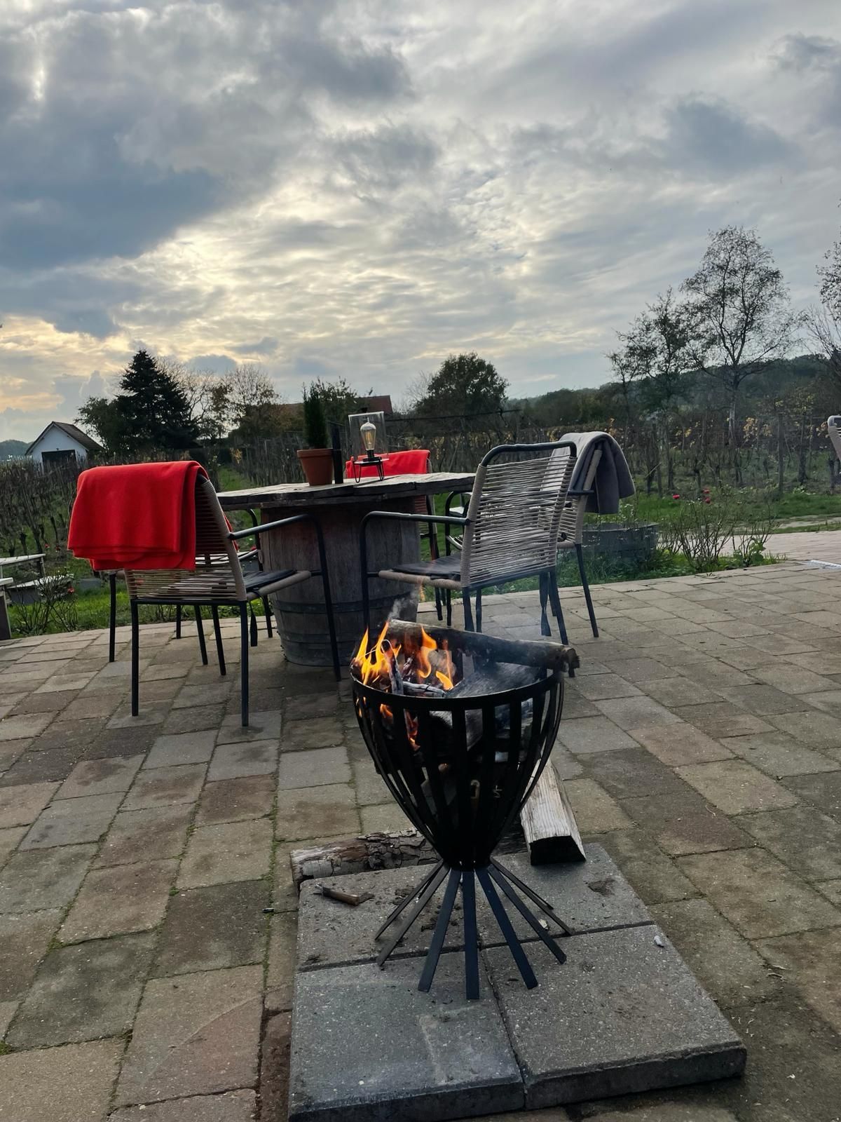 Een brandende vuurplaats met een eettafel voor buiten op een terras onder een bewolkte hemel.