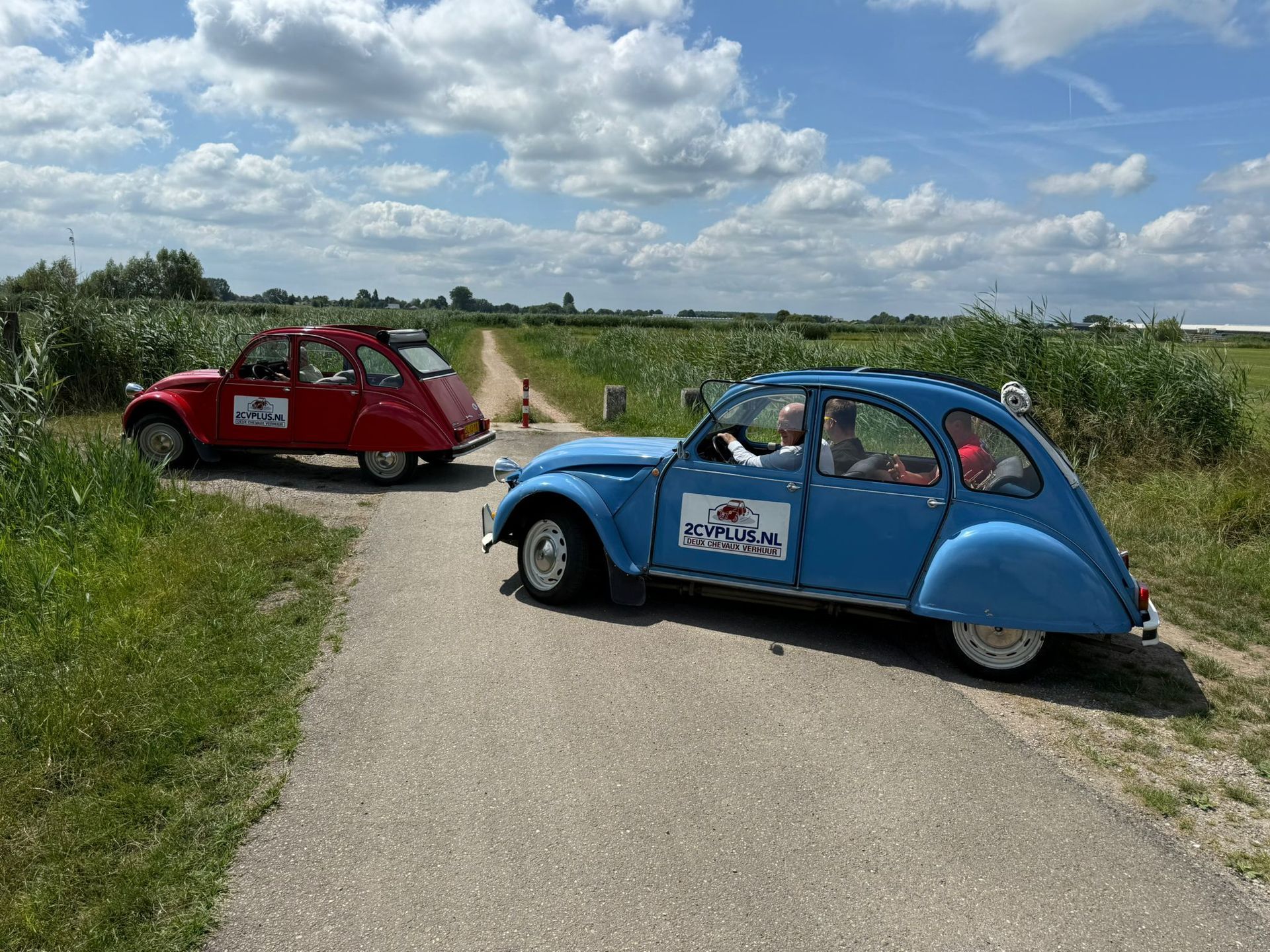 Twee klassieke blauw-rode Citroën 2CV's rijden over een smal weggetje in een veld onder een blauwe hemel.
