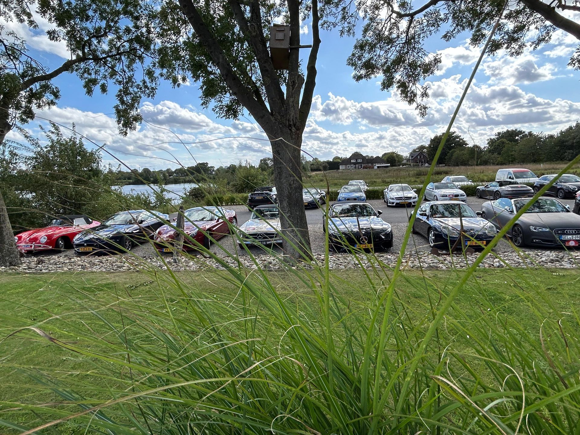 Auto's geparkeerd op een grasveldje vlakbij een waterpartij onder een zonnige hemel.