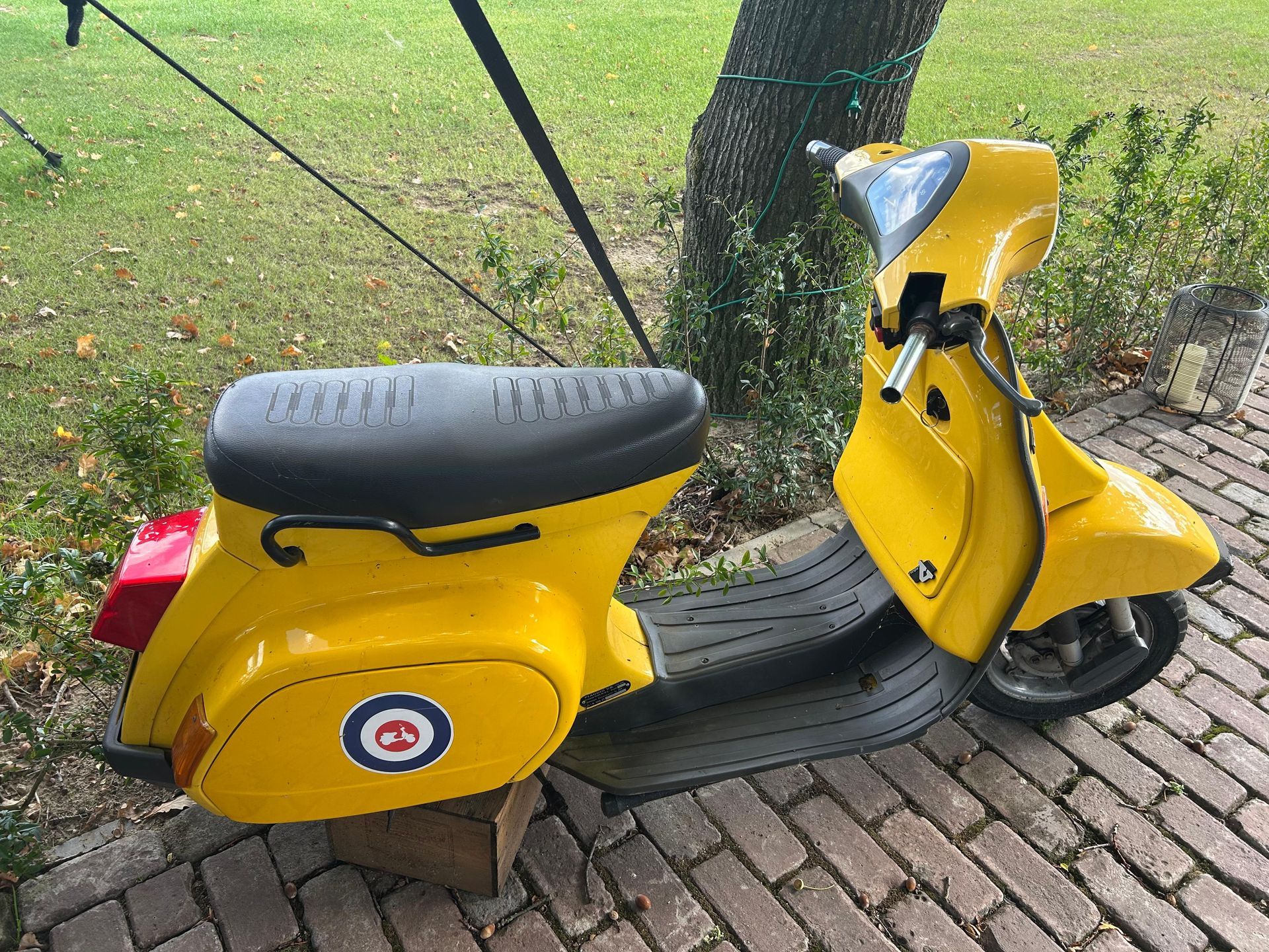 Een gele Vespa-scooter, met een zwart zadel en achterlicht, staat geparkeerd op bakstenen naast een boom.