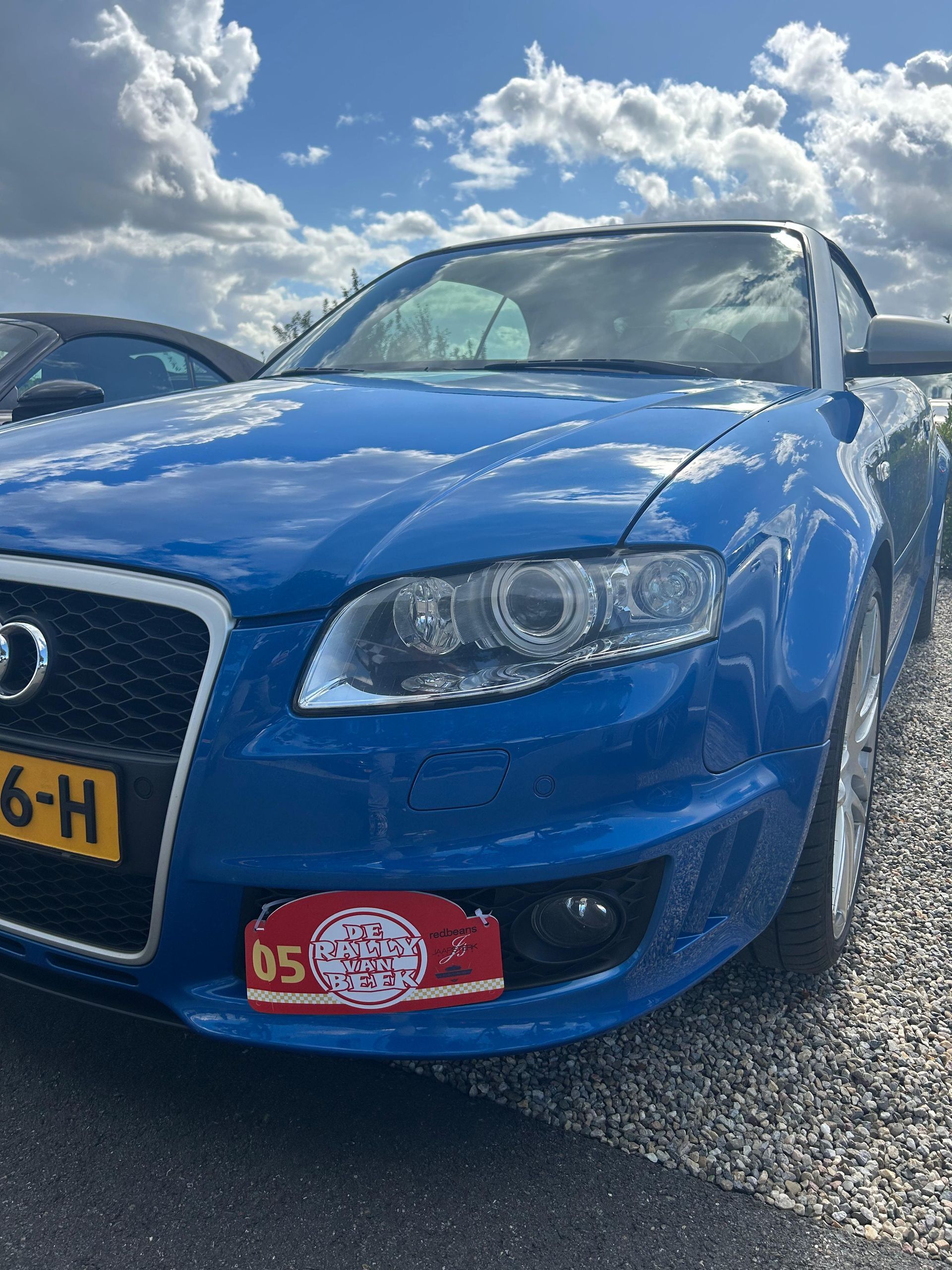Een blauwe Audi cabriolet staat buiten geparkeerd onder een gedeeltelijk bewolkte hemel.
