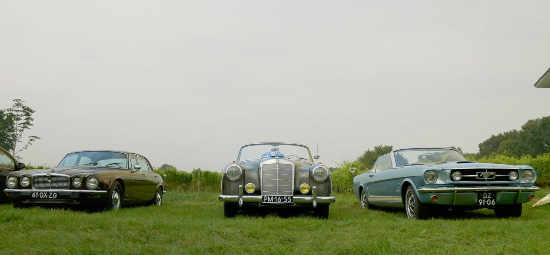Drie klassieke auto's geparkeerd op een groen grasveld onder een bewolkte hemel.
