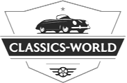 Logo voor Classics-World: silhouet van een zwarte klassieke auto, tekst