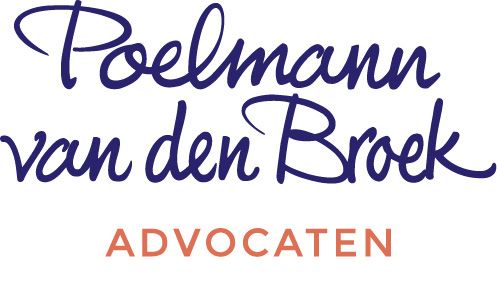 Logo for Poelmann van den Broek with blue script text, and orange 