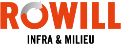 ROWILL-logo met oranje tekst en een grijze cirkelvormige pijl, zwarte tekst eronder luidt INFRA & MILIEU.