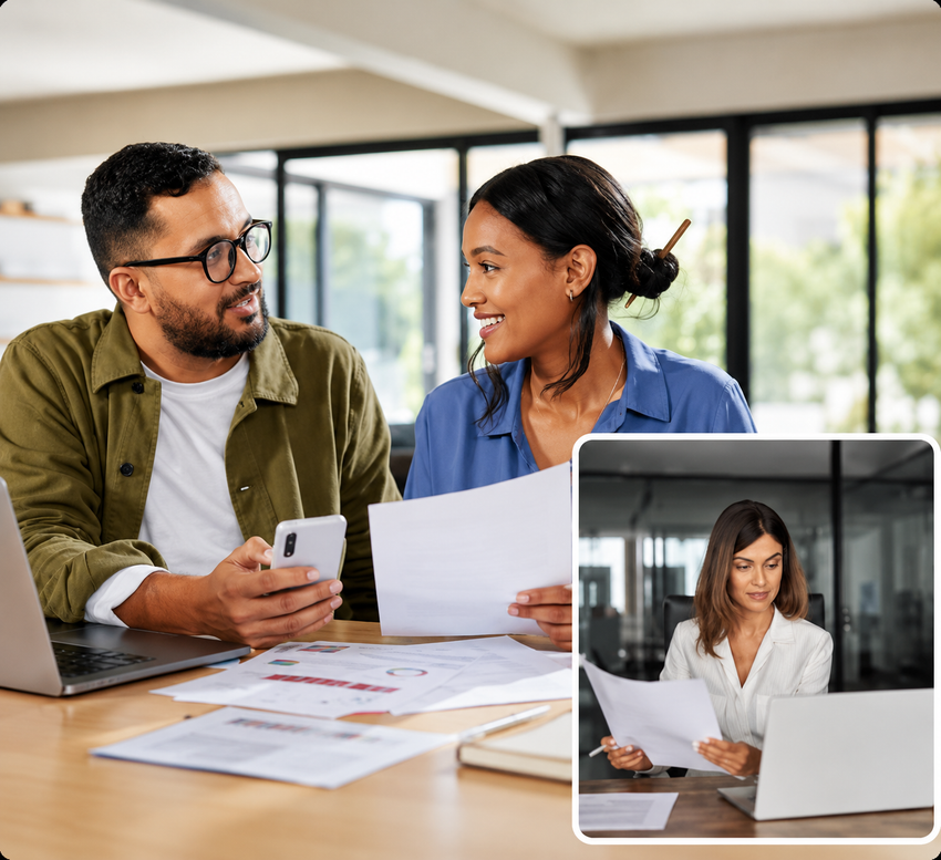 Two coworkers reviewing documents at a table, with a small inset of a woman working on a laptop.