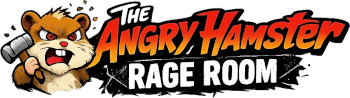 Angry hamster logo with bold red “The Angry Hamster” and white “Rage Room” text on black background