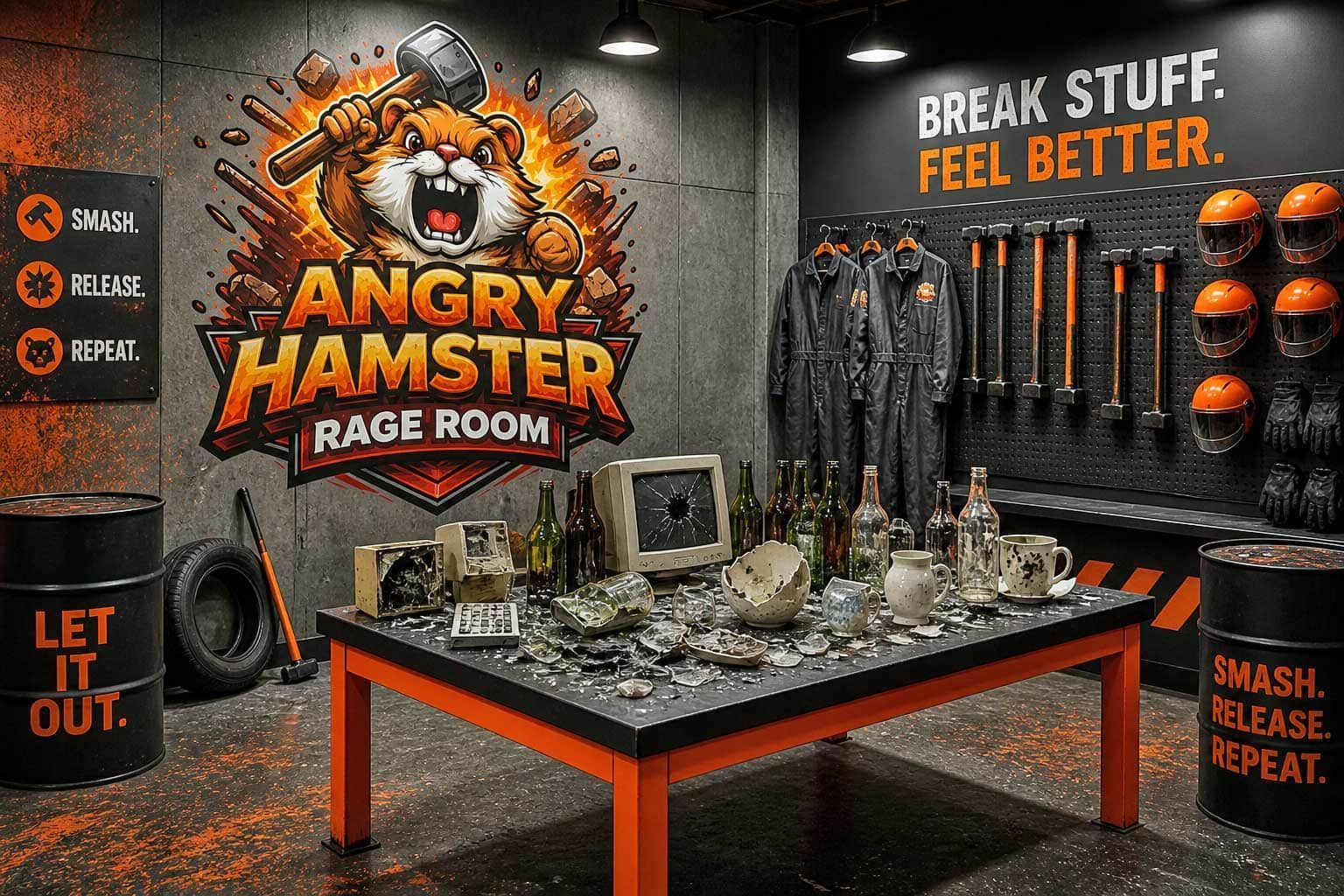 Angry Hamster Rage Room with smashed dishes, tools on wall, and slogans in black-and-orange decor