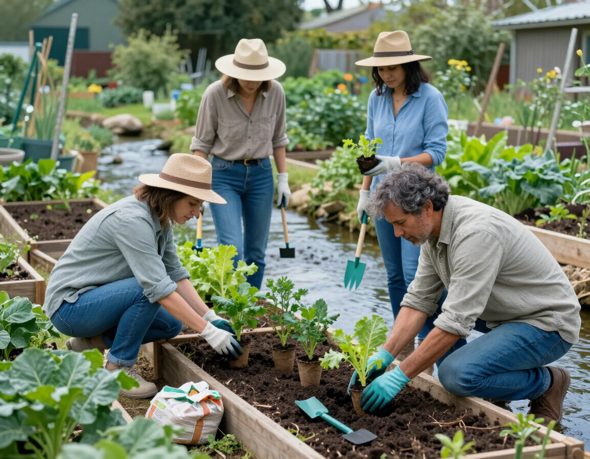 Pessoas plantando mudas em jardim comunitário próximo a um curso de água