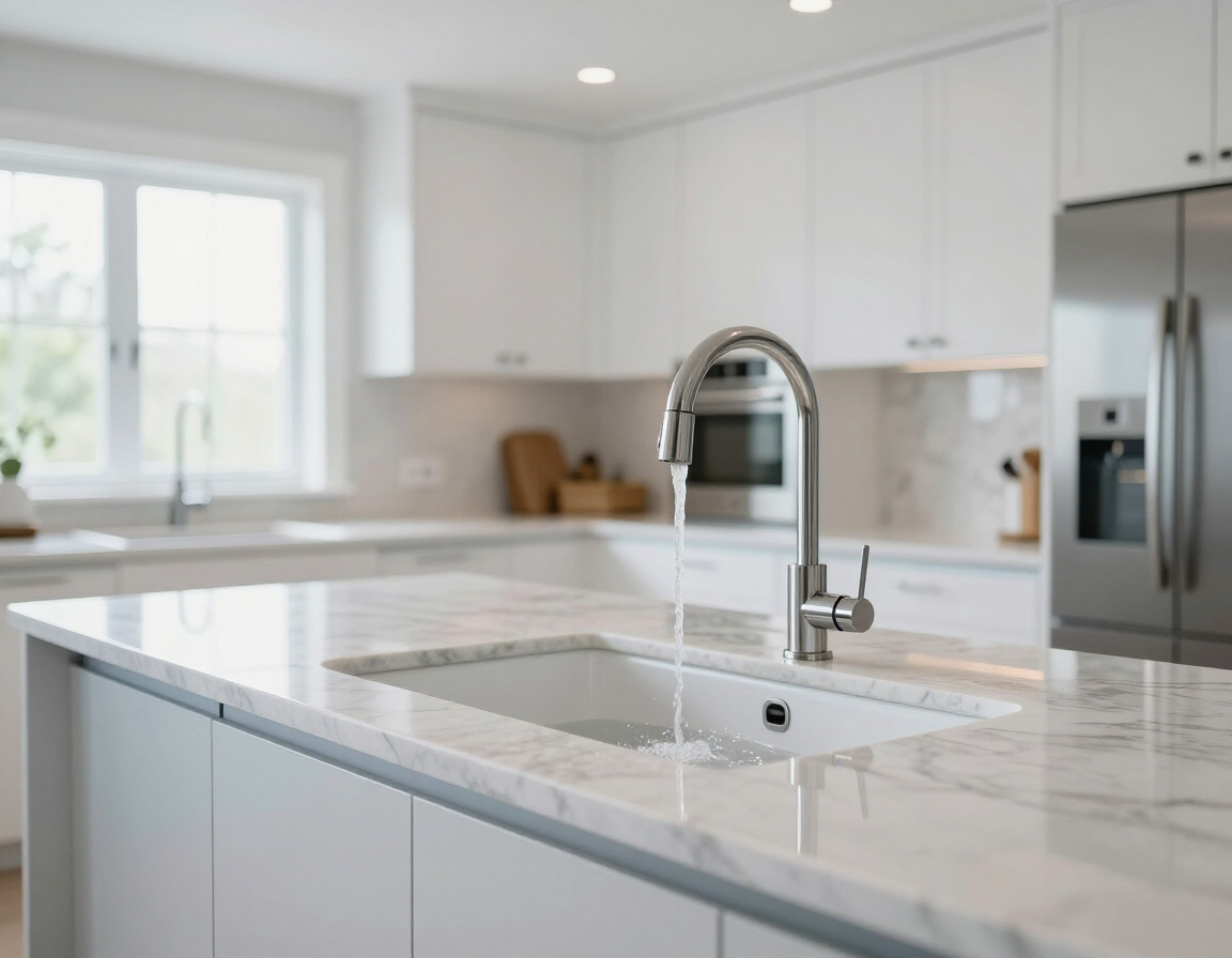 Cozinha residencial com torneira aberta e água corrente