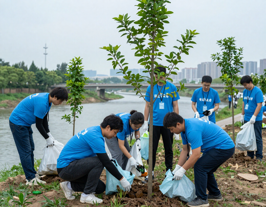 Voluntários plantando árvores próximo a um rio