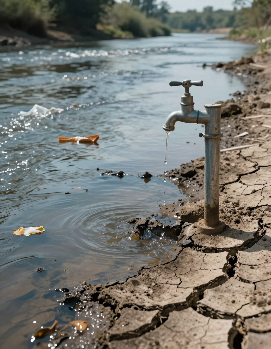 Rio poluído próximo a solo seco