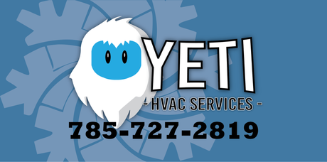 Yeti HVAC Services logo with blue background, white yeti mascot, and phone number 785-727-2819
