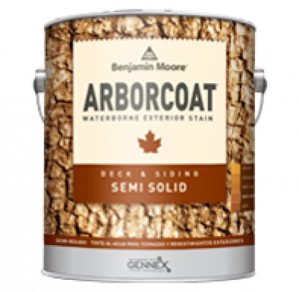 Benjamin Moore ARBORCOAT semi-solid deck stain can in brown and beige
