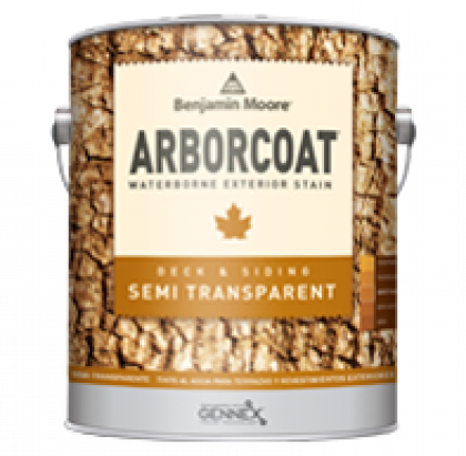 Benjamin Moore Arborcoat semi-transparent deck siding stain can with wood-bark design