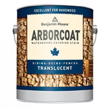 Benjamin Moore Arborcoat translucent exterior wood stain can on white background