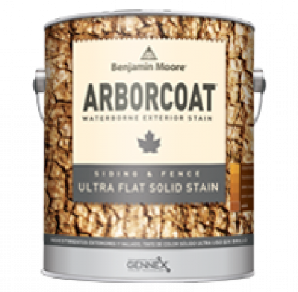 Benjamin Moore Arborcoat waterproof exterior stain can with wood-grain label