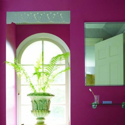 Bright pink room with arched window, potted fern, and wall mirror reflecting an open white door.