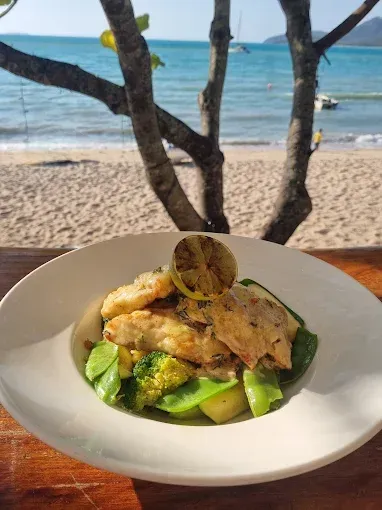 Plate of fish and vegetables on a table — The Beach Bar and Restaurant at Montes in Cape Gloucester, QLD