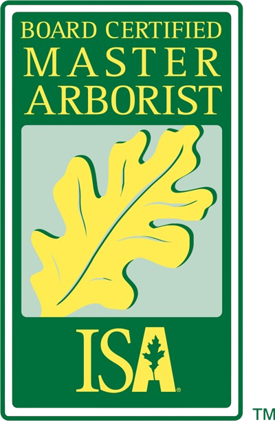 Board Certified Master Arborist logo. Green and gold colors, stylized leaf, ISA lettering.