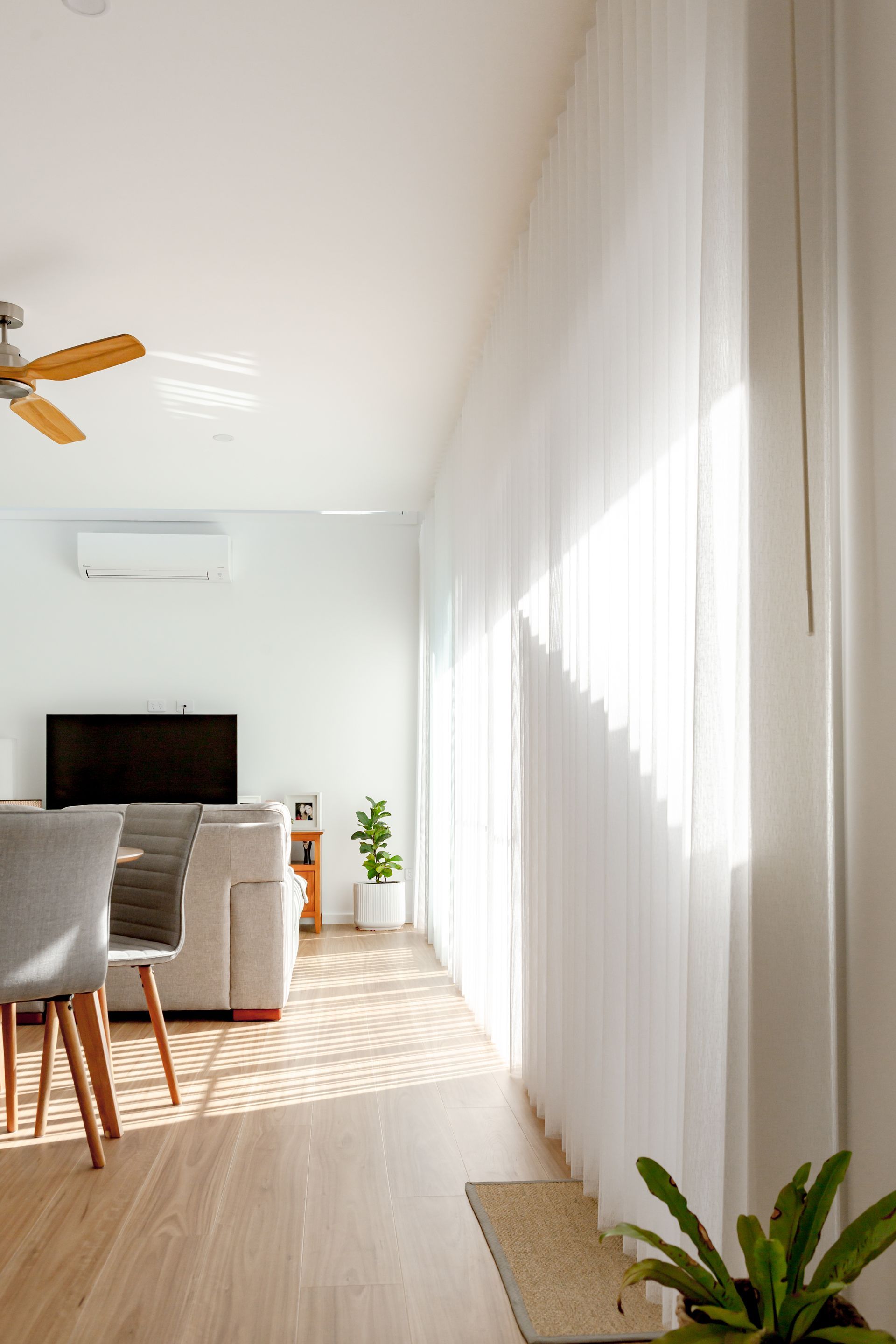 Bright, airy living room with sheer white curtains. Sunlight streams through, illuminating the wood floor and plants.