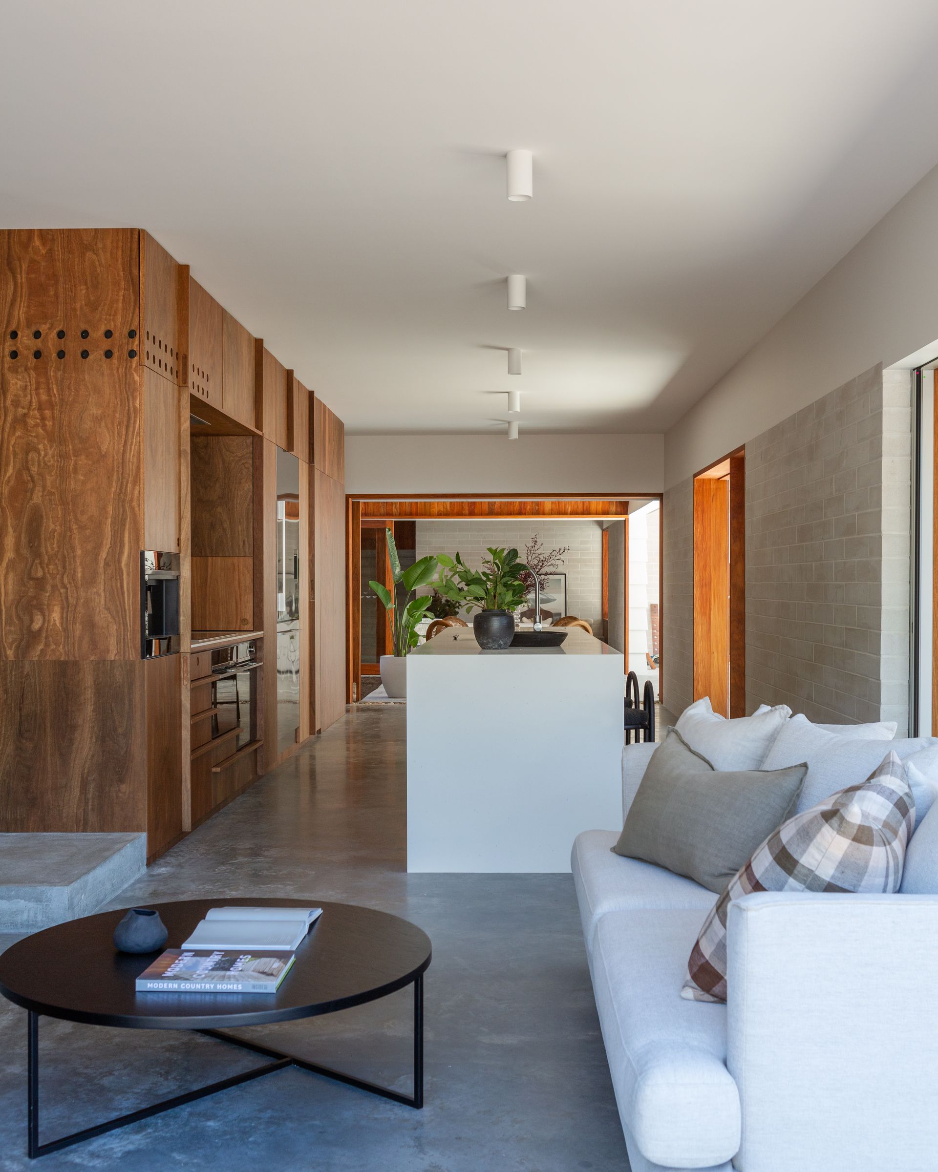 Modern living room with a white sofa, dark coffee table, and wood-paneled kitchen.