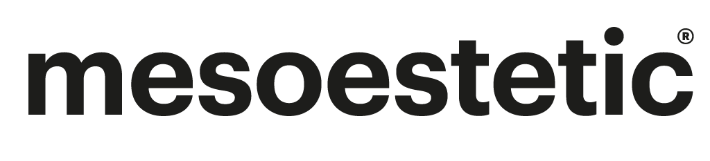 A black and white logo for mesoestetic on a white background.