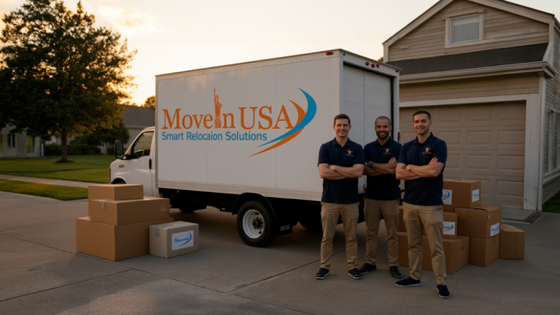 Moving truck labeled Move N USA with three movers standing beside stacked boxes in a suburban driveway.