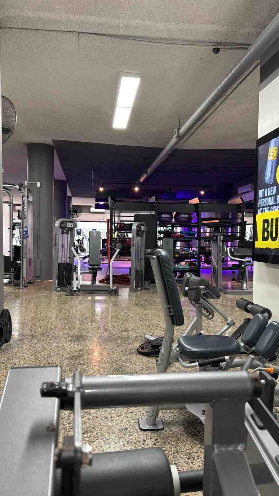 Gym interior with various exercise machines and equipment; neutral colors and lighting.