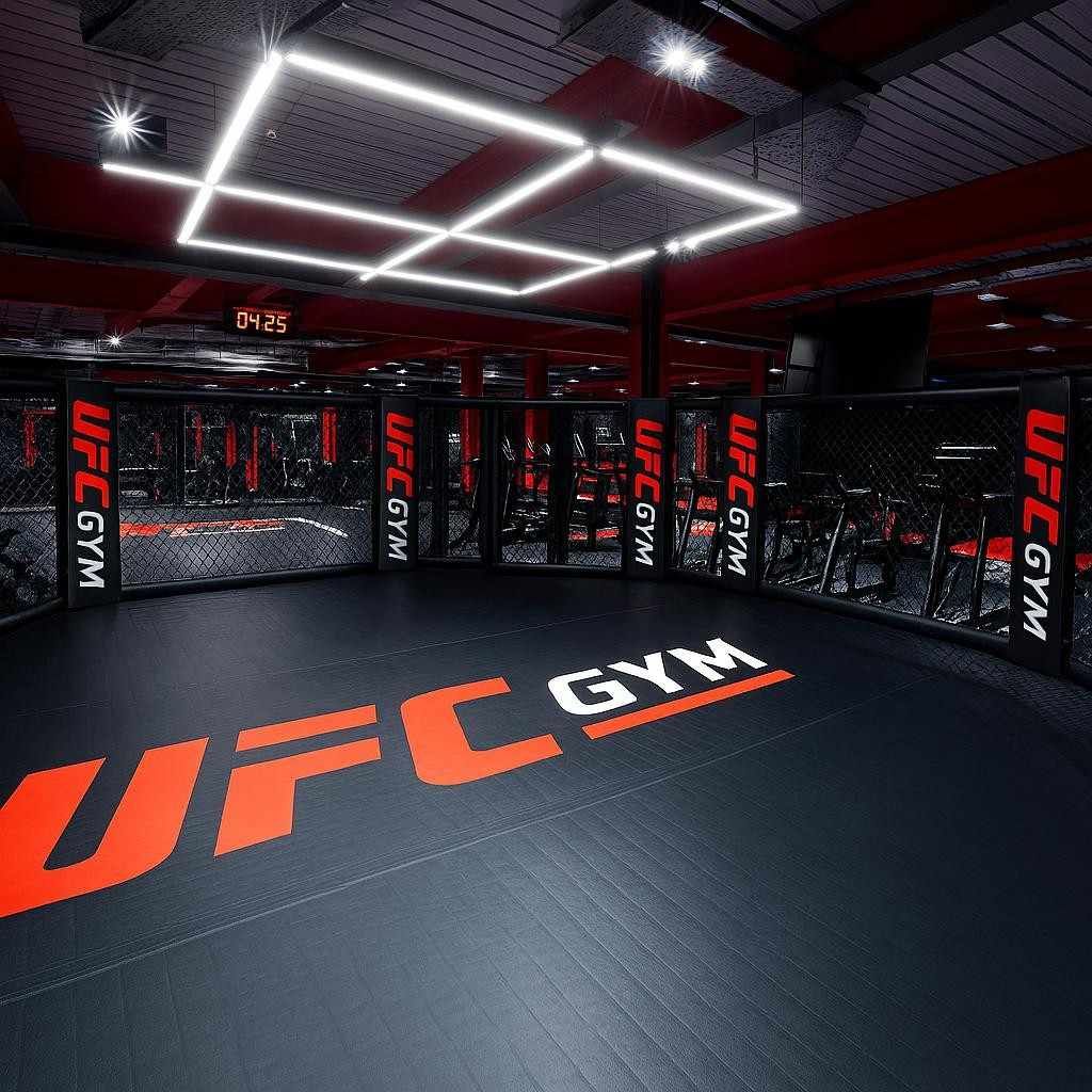 UFC Gym octagon cage. Black, red color scheme. Overhead square lights. Logos on cage and floor.