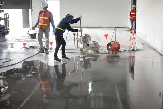 Workers applying epoxy flooring in a warehouse, using tools and equipment, wearing safety vests.