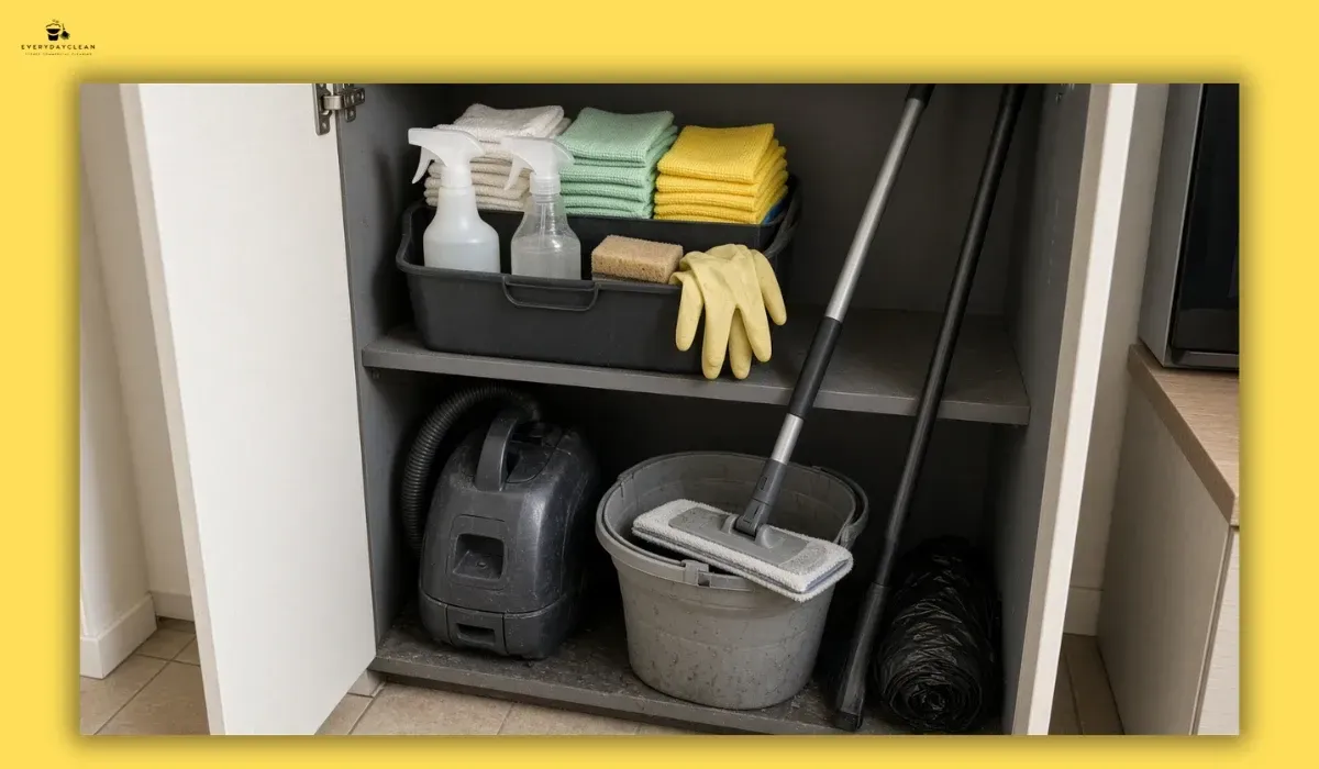 Airbnb cleaning kit with microfibre cloths, mop, vacuum and supplies