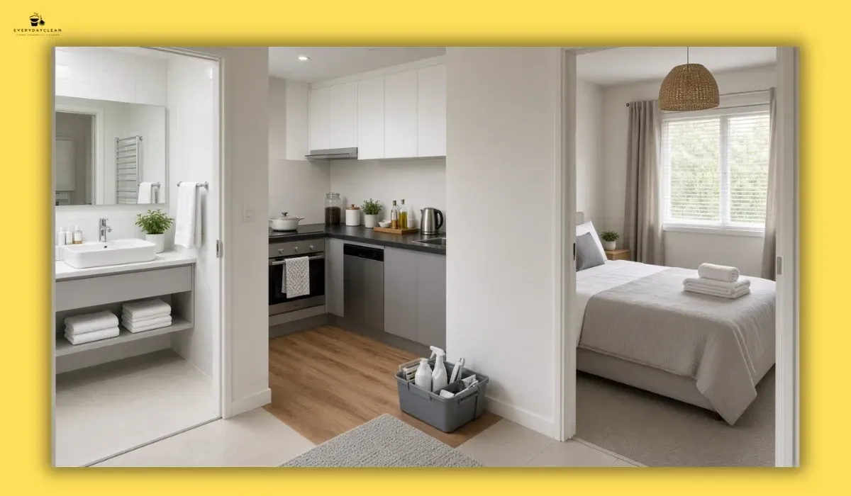 Airbnb cleaning supplies organised for different areas of a property