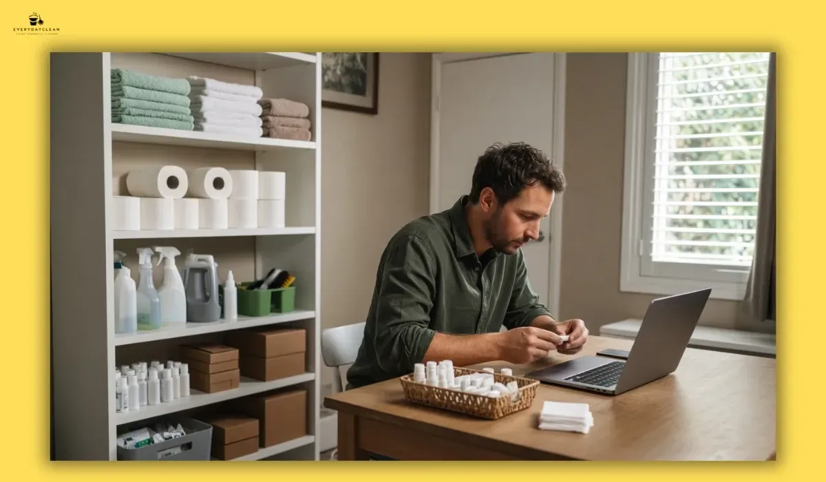 Airbnb host reviewing cleaning and guest supply inventory